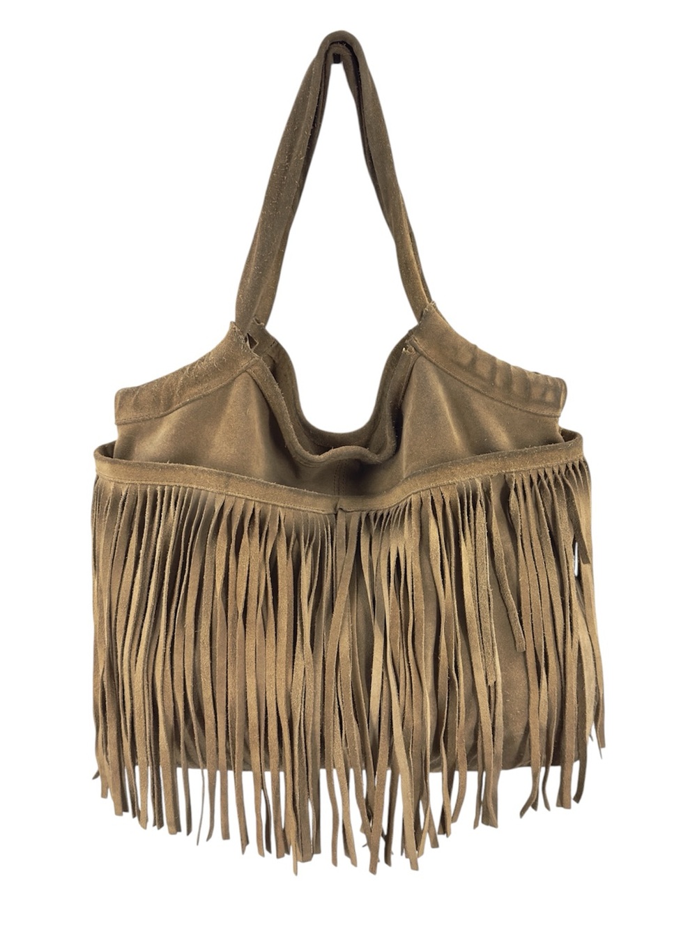 Club Monaco Lulu Fringe Suede Boho Shoulder Bag Western Slouchy Hobo Purse Brown